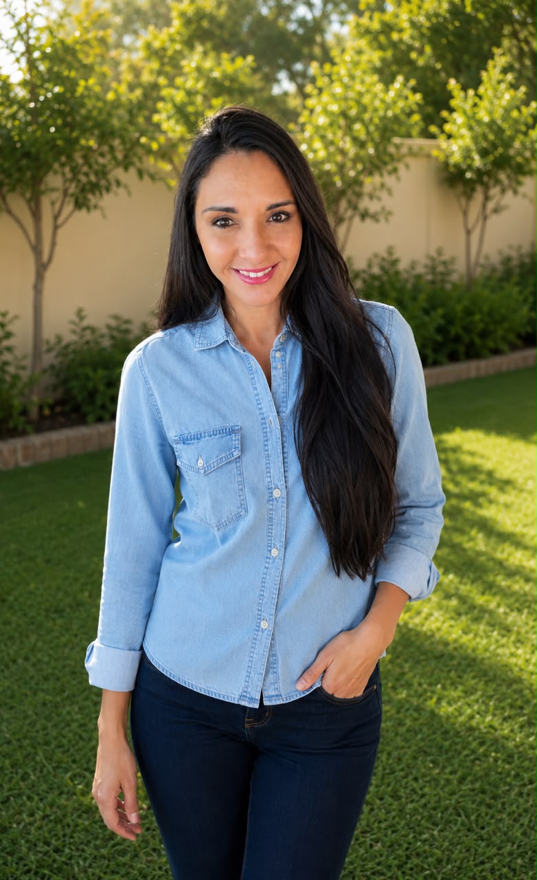 Teacher Najwa in a casual denim shirt