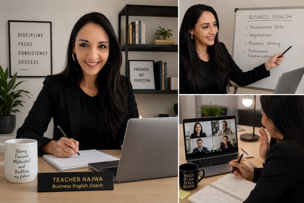 Teacher Najwa teaching Business English and leading an online lesson